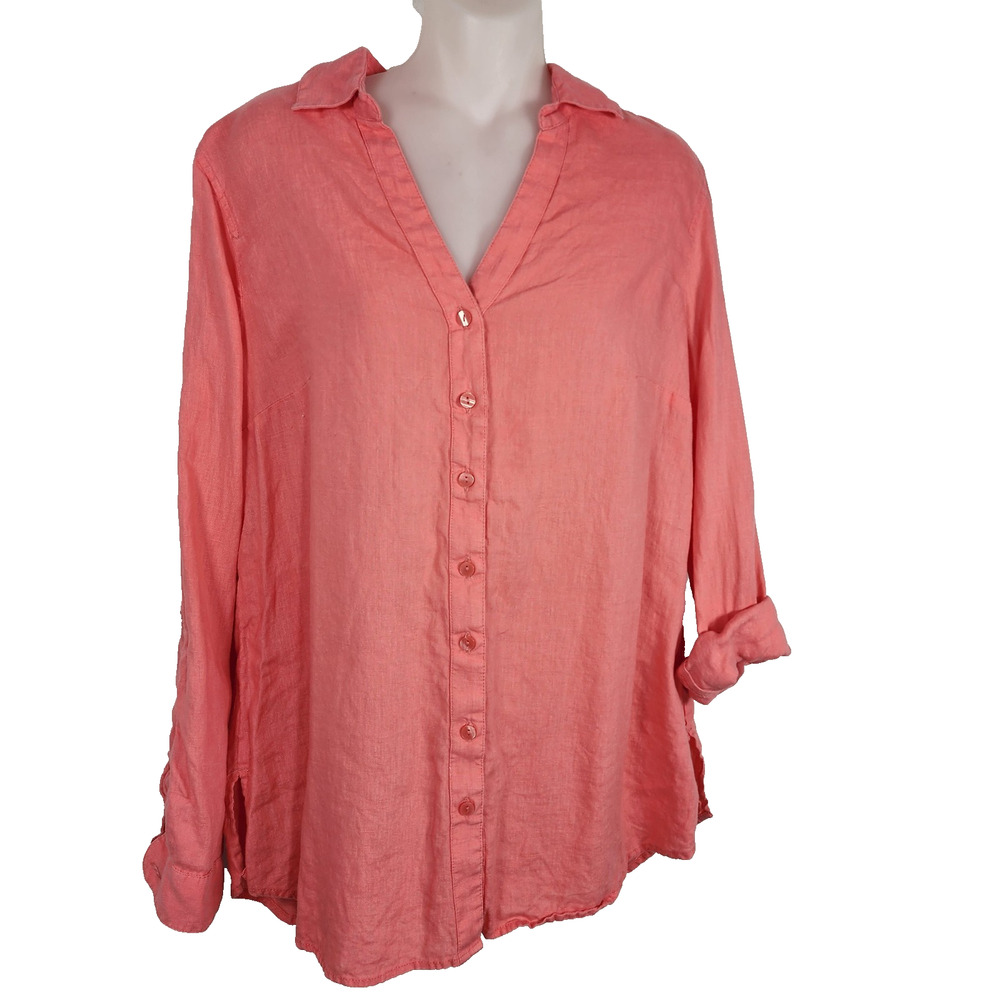 Coldwater Creek Linen Collared Button Shirt Pink Long Sleeve Roll Tab Large 14